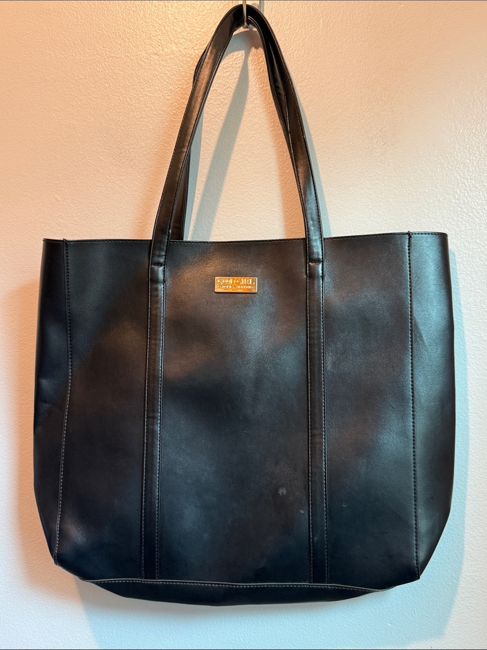 GOOD GIRL Carolina Herrera Black Faux Leather Tote Gold Logo Plaque Perfume Bag
